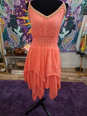 Coral Gold Lurex Fairy Dress | Handkerchief Hem Ren Faire Festival Dress